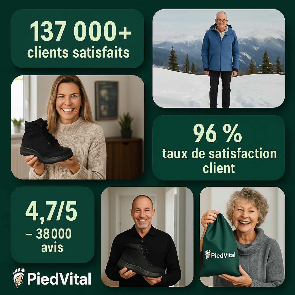 The image is a collage of four photos featuring a woman holding a black shoe, a man holding a black shoe, a man holding a green bag, and a woman holding a green bag. The collage includes text providing information about the company's satisfaction rates and the number of clients they have served.
