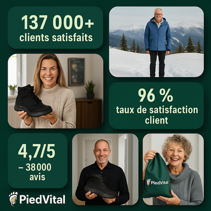 The image is a collage of four photos featuring a woman holding a black shoe, a man holding a black shoe, a man holding a green bag, and a woman holding a green bag. The collage includes text providing information about the company's satisfaction rates and the number of clients they have served.