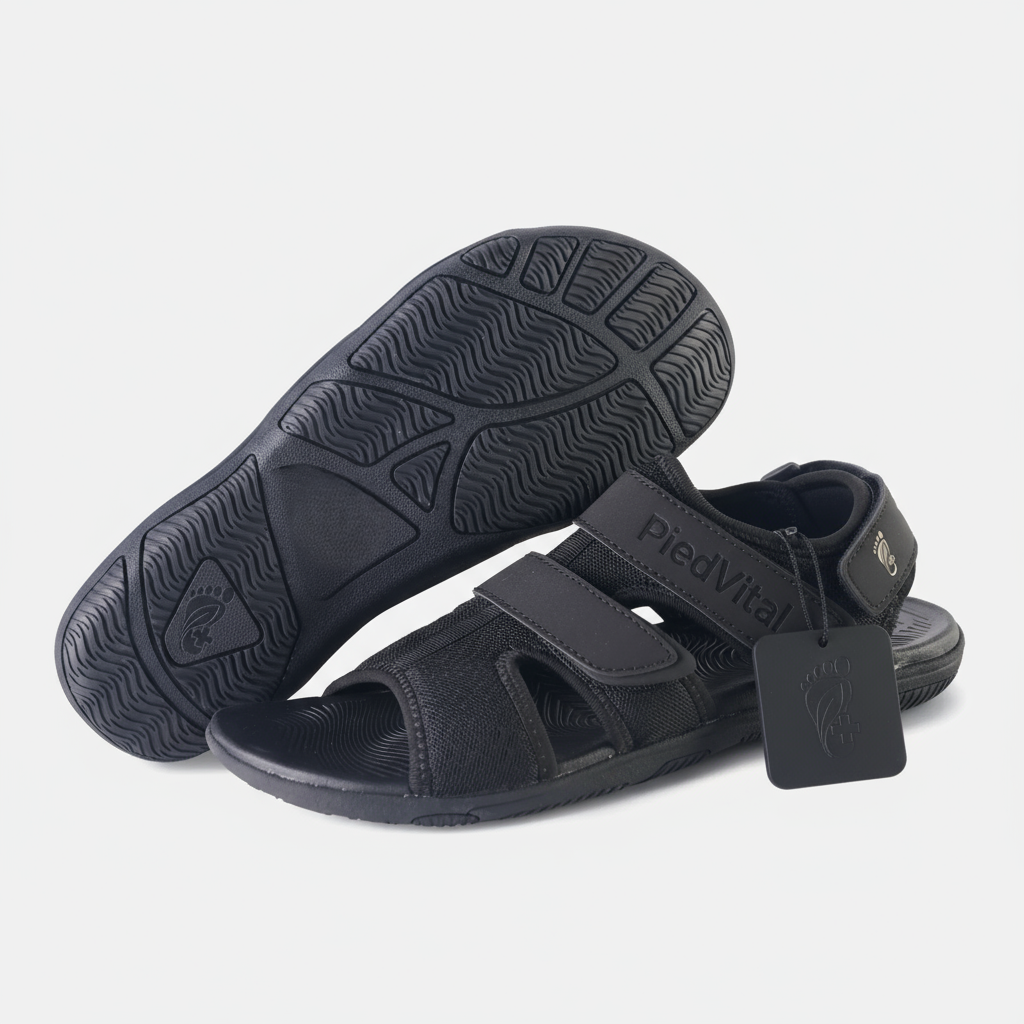 A pair of black sandals with a textured sole and adjustable straps.