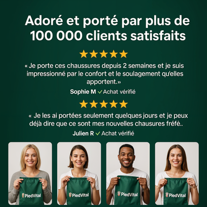 The image is a collage of four photos featuring people holding green bags with the PiedVital logo. The text above the photos reads "Adore et porte par plus de 100 000 clients satisfactions" and includes quotes from satisfied customers.