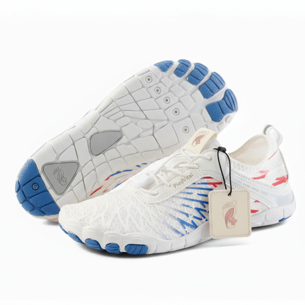 A pair of white and blue running shoes with blue and red accents, featuring a textured pattern and a tag attached to the side.
