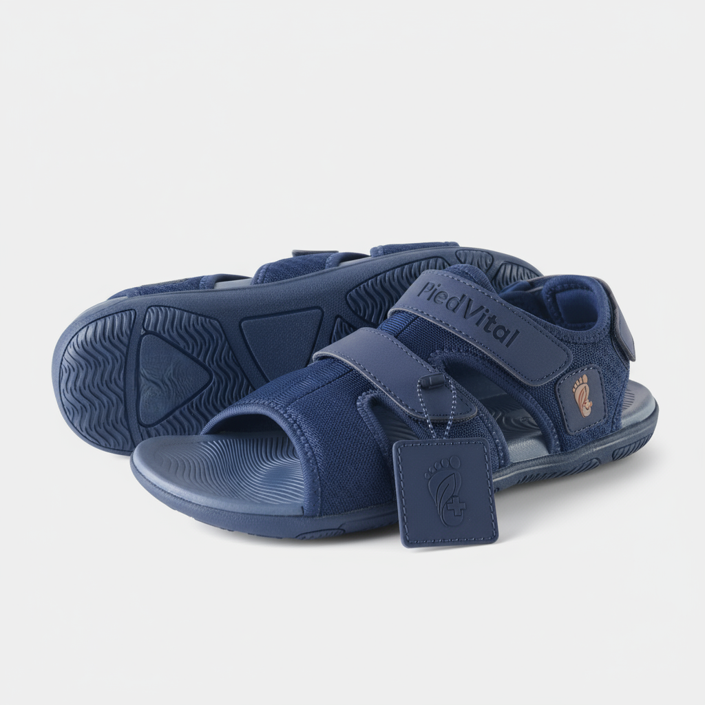 A pair of navy blue sandals with the brand name "Pied Vital" printed on them.