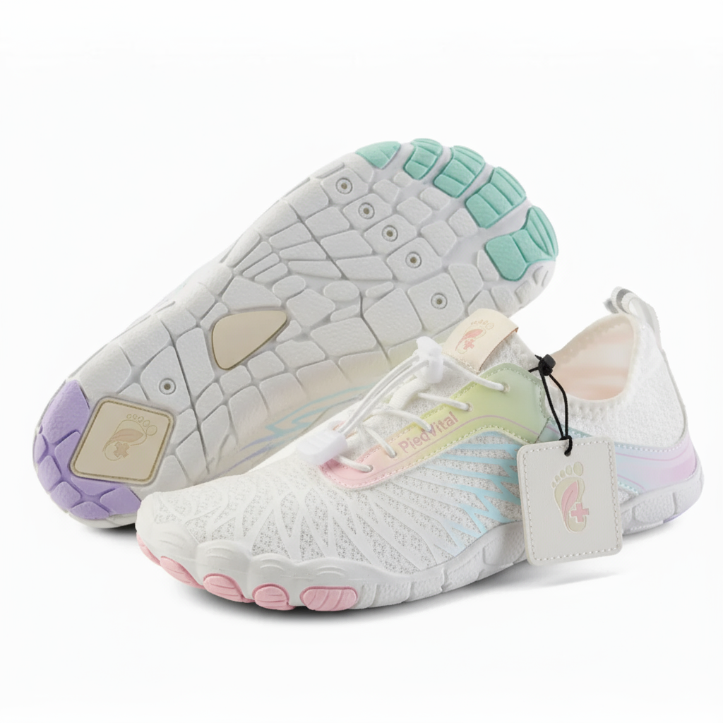A pair of white and pink athletic shoes with a colorful pattern on the side.