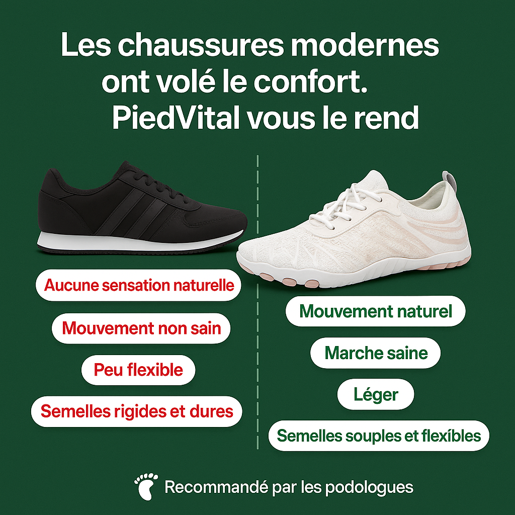 The image is a comparison of two different types of athletic shoes, one black and one white, with text in French describing their features and comfort levels.
